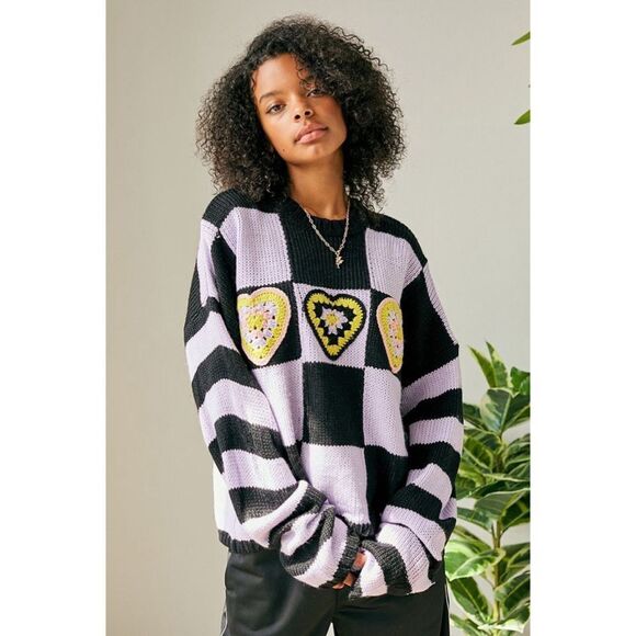 Ragged Priest Buddy Hearts Purple & Black Granny Square Crewneck Sweater Sz M - Picture 1 of 6